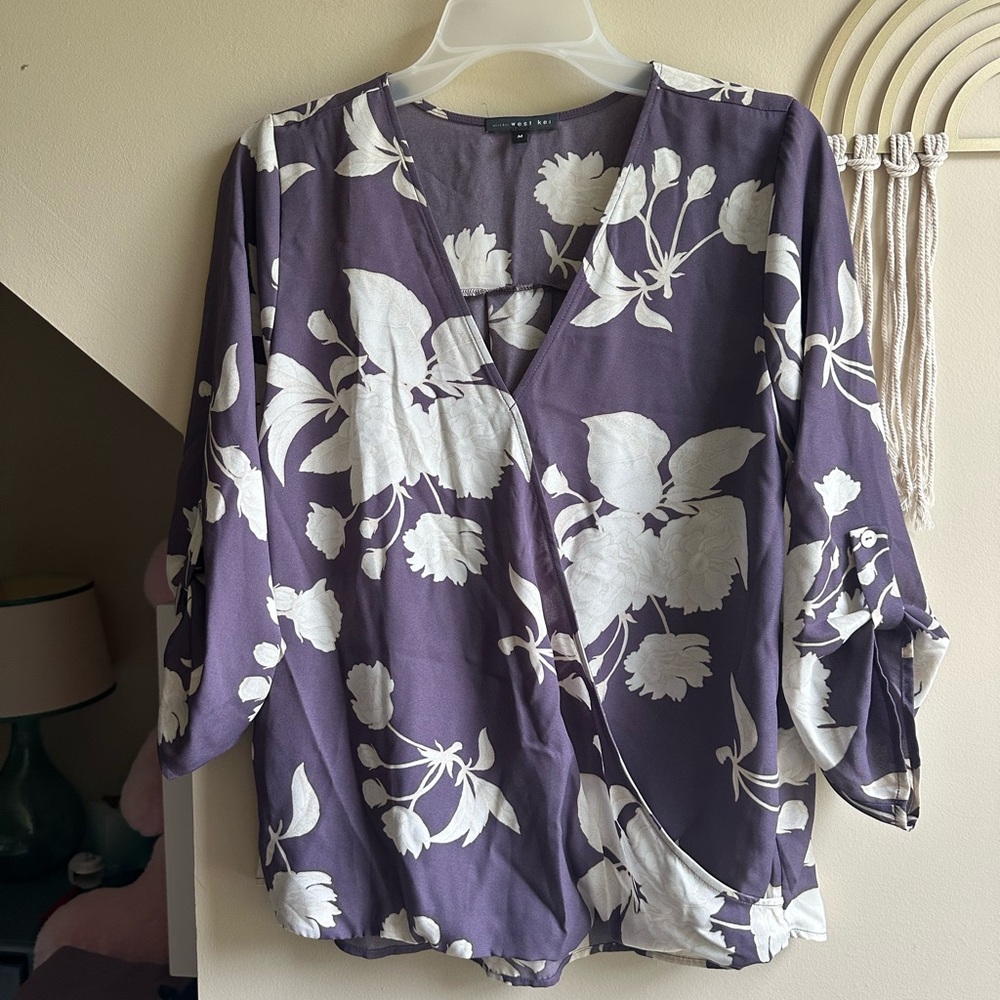 West Kei Purple and White Wrap Blouse 3/4 Sleeve - Picture 2 of 7
